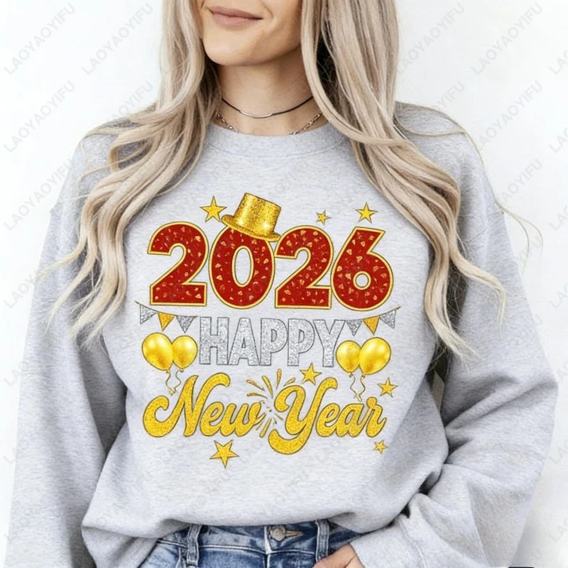 Feliz ano novo 2026 moletom ouro glitter chapéu nude vintage estética festa inverno pulôver família celebração presente feminino com capuz