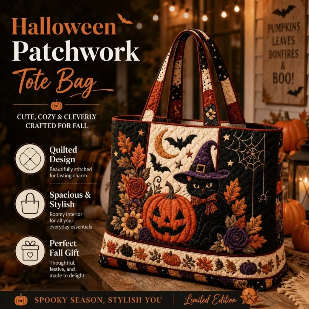 3D Printed Halloween Witch Cat Tote Bag, Fall Pumpkin Folk Art Shoulder Bag, Large Shopping Handbag for Halloween