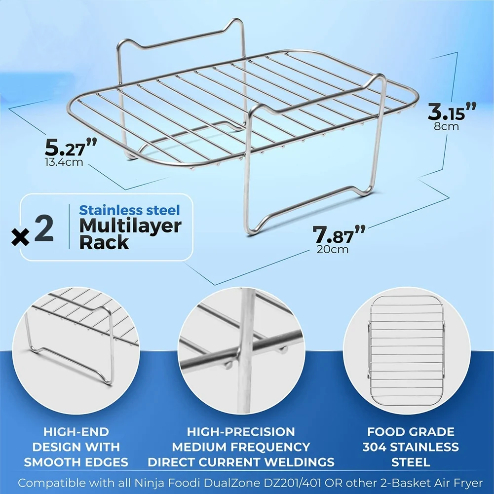 Rack de fritadeira de ar com cesta dupla, 2 pacotes, rack de aço inoxidável 304 para ninja foodi dz201/401, cesta dupla instantânea