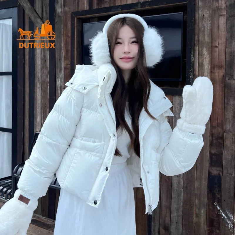 Winter Loose Stand-up Collar Detachable Hooded Short Woman Down Jacket, 90% White Goose Down Warm Windproof Fashion Jacket Women