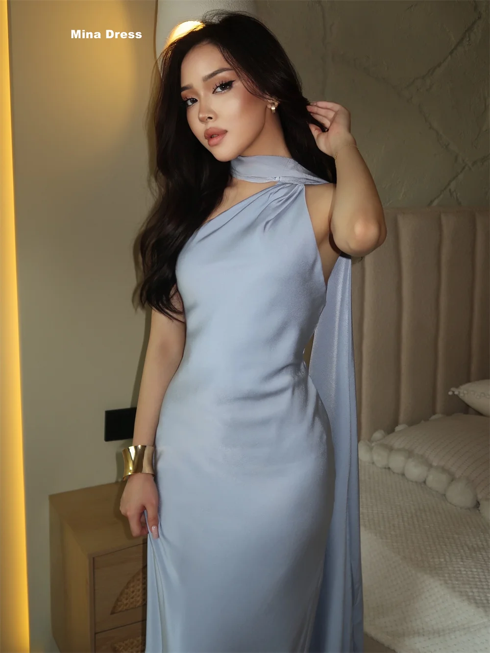 Mina Customized Light Gray Slanted Shoulder Shawl Sleeveless Elegant Party Dresses 2026 Trends Luxurious Evening Dresses Women's
