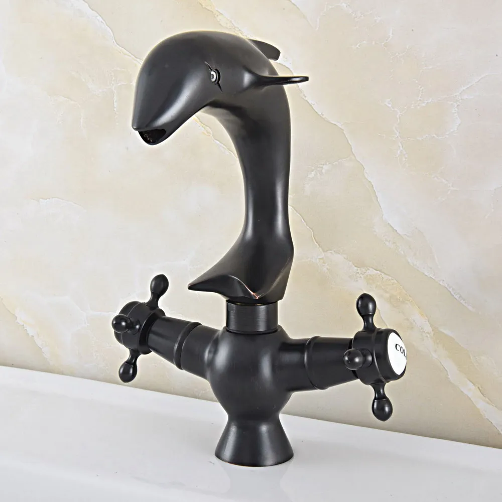 Black Bronze Bathroom Basin Faucet Dolphin Shape Spray 2 Handles Deck Mounted Brass Wash Basin Sink Mixer Faucet Tap Nsf843