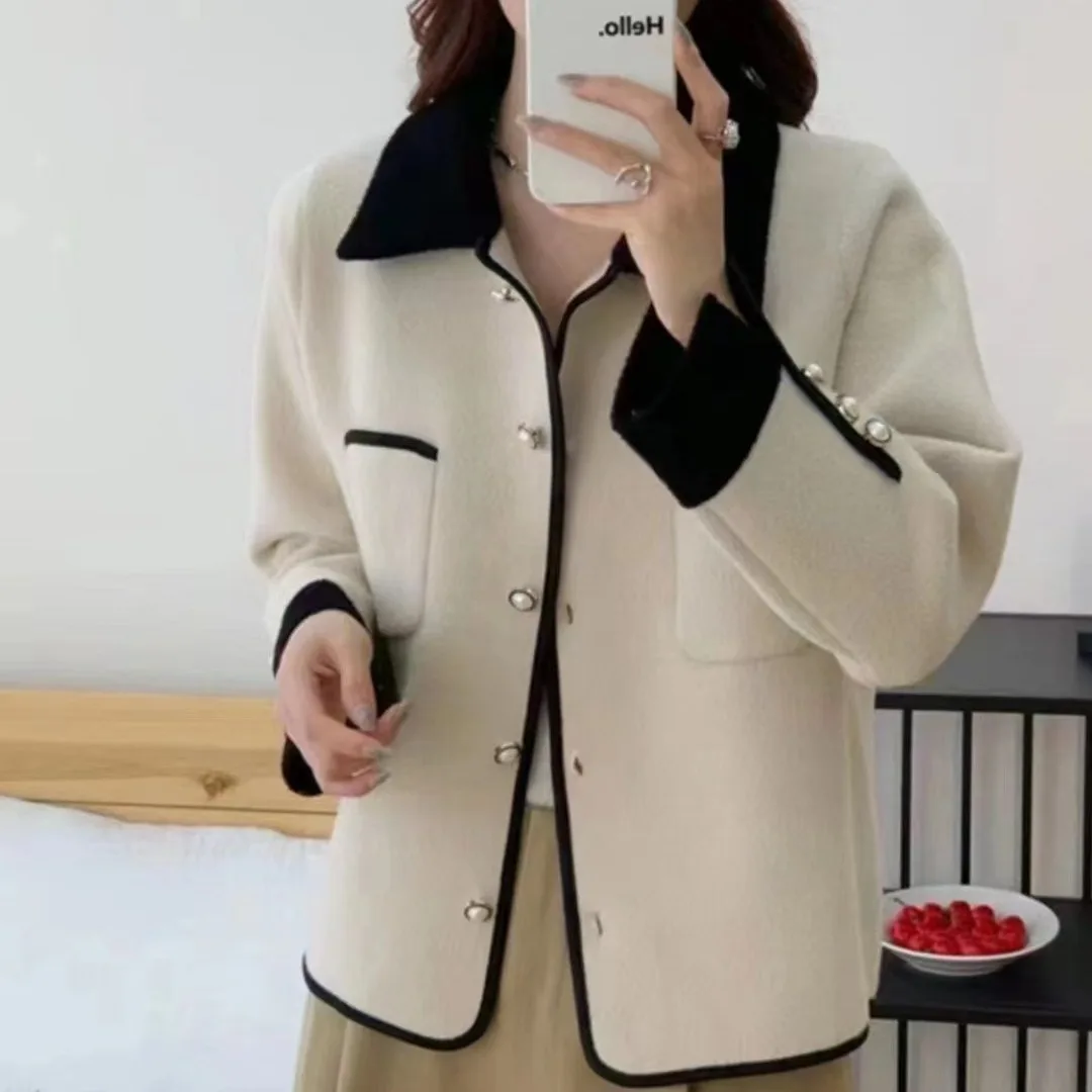 Autumn and winter new Korean version of women's small fresh double-sided woolen top color matching casual fashion short woolen