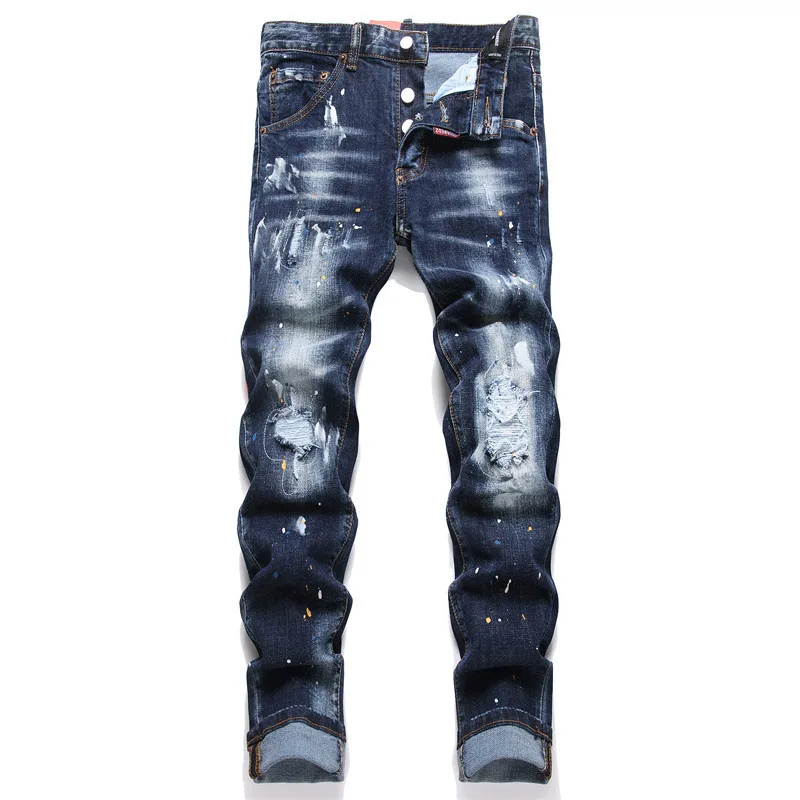Neue Mode Männer High Street Strench Fit Jeans Blau Zerrissene Streetwear Denim Jeans Qualität Männlich Dünne Lange Jeans Hosen Größe 38