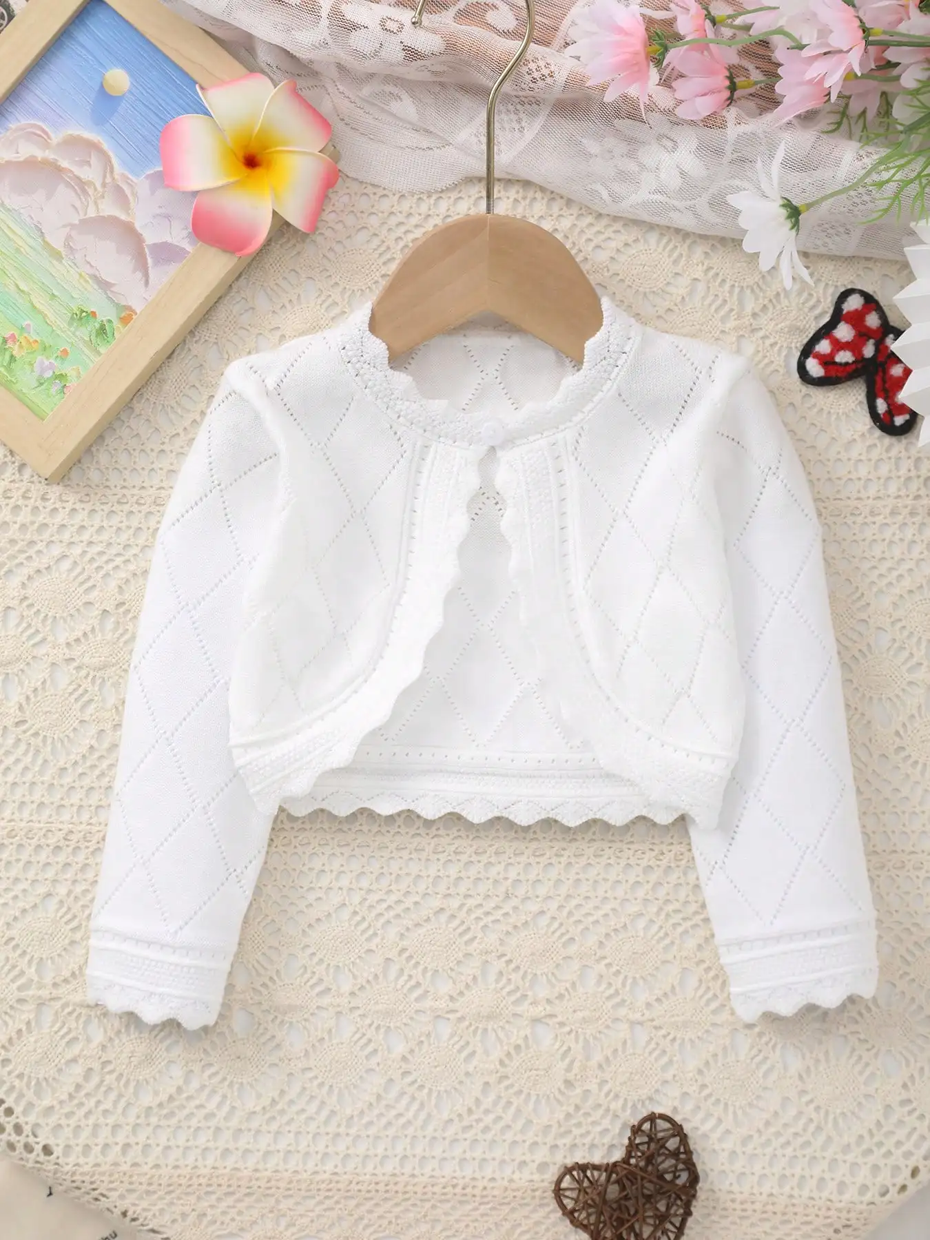Baby Girl's Versatile Spring and Summer Knitted Cardigan Shawl with Rhombus Pattern and Lace Trim