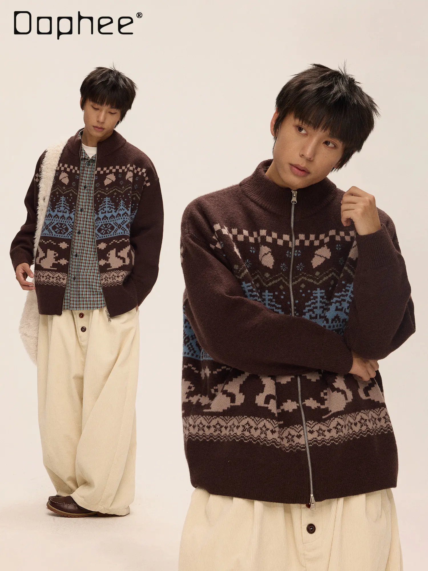 

Мужской осенне-зимний кардиган с воротником-стойкой, рождественский, цвета хаки/бежевый, в стиле унисекс, свободный повседневный жаккардовый вязаный свитер кофейно-розового цвета