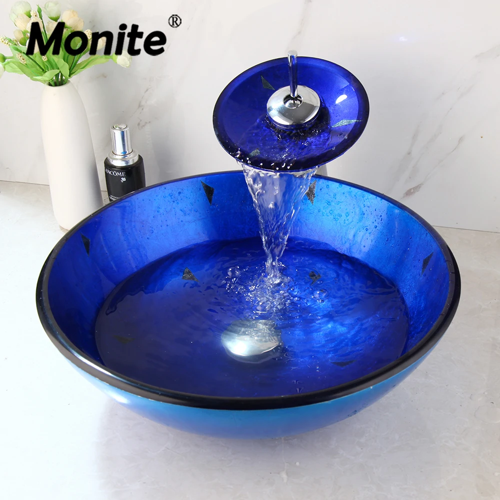 MONITE Tempered Glass Bathroom Sink Set Hand-Painted Art Basin Combine Round Waterfall Bowl Basin Faucet Multiple Styles