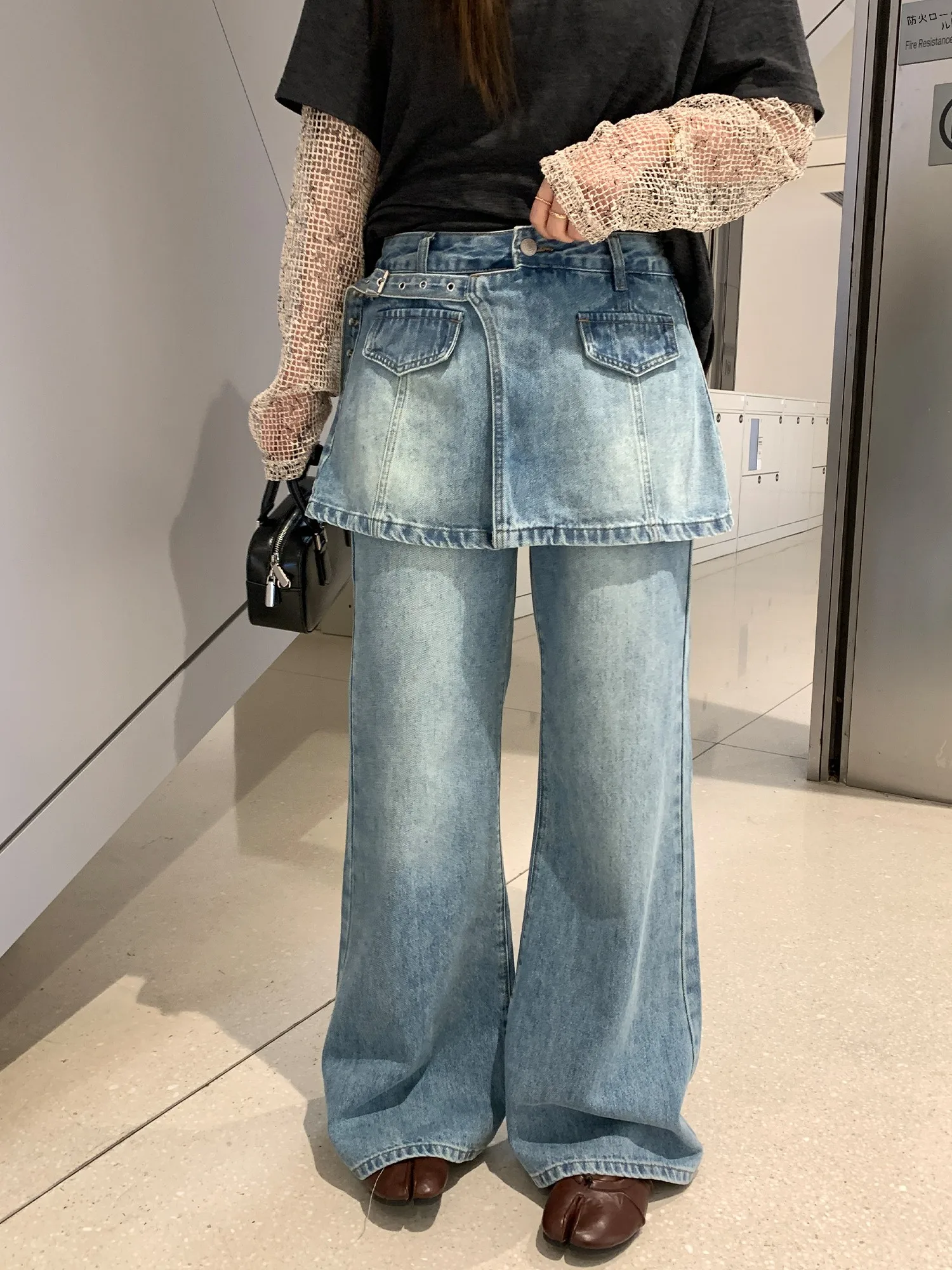 

NAZ High Waist Straight Leg Jeans Korean Style Fake Two-Piece Spring Fashion plus Size Women's Casual High Waist Denim Pants