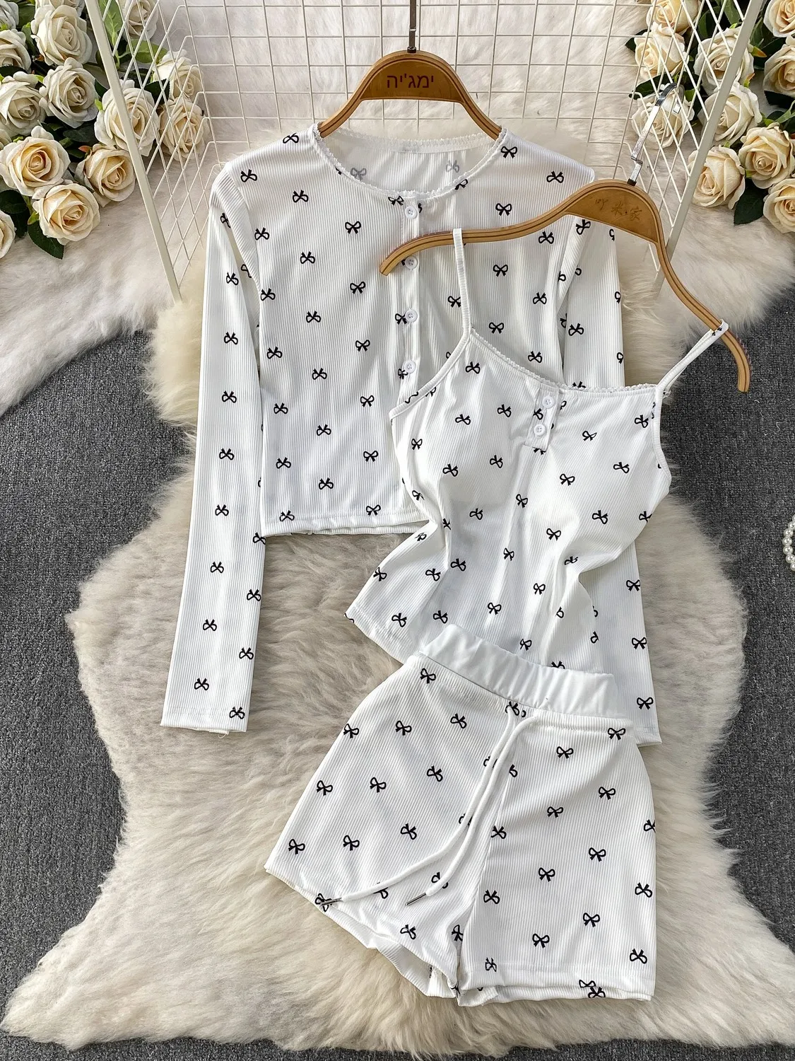 

Early Autumn Ice Silk Knitted Cardigan Outerwear with Chest Pad Strap Top Casual Pants Knot Three Piece Set Women's...