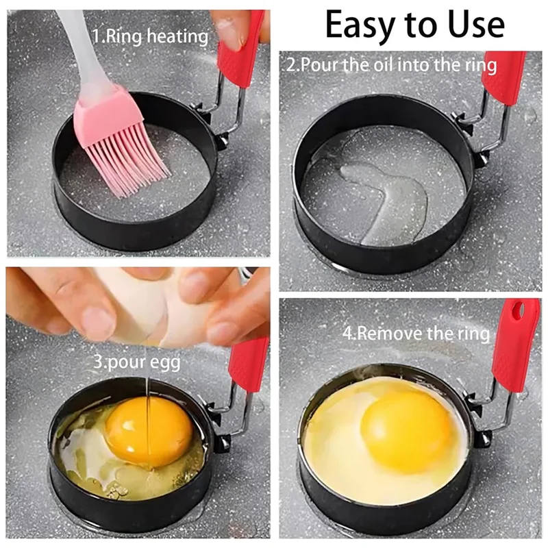 

Набор колец для яиц PHFU, 3,5 дюйма, 4 шт., с силиконовой ручкой, форма для блинов для завтрака, сэндвичей, круглая форма для английских маффинов