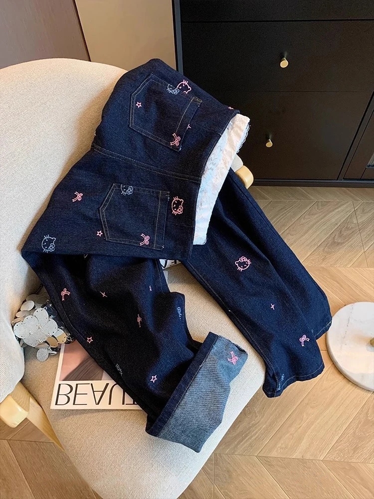 

Ретро милые кружевные сращивания с высокой талией, повседневные летние джинсовые джинсы для мужчин и женщин, длинные брюки Ele Agel, широкие брюки