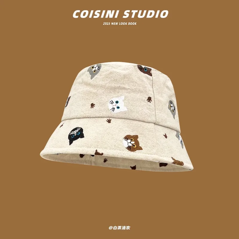 

New Japanese Cute Cat Embroidered Bucket Hat for Men and Women Summer Casual Versatile Sunshade Breathable Panama Bob Cap