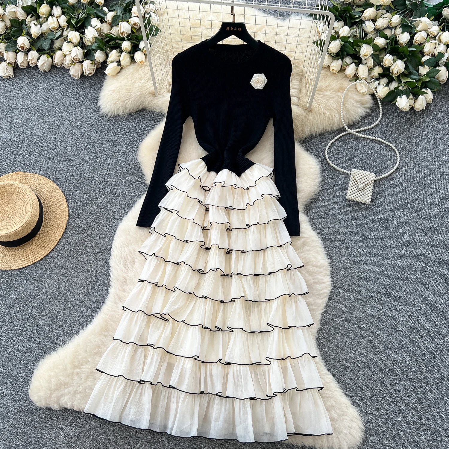 Abiti lunghi floreali a strati eleganti in maglia chic Abiti da sera francesi High Street autunno inverno abbigliamento donna