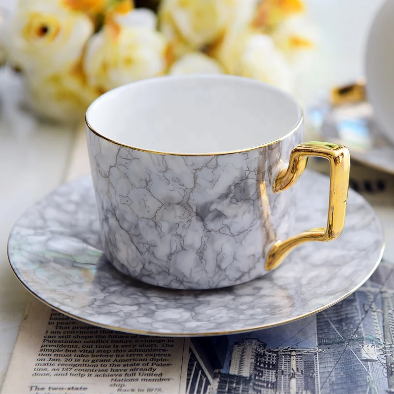 Nordic Ceramic Golden Tea Set for 6 Persons Porcelain Marble Coffee Cup Saucer Teapot Sugar Bowl Milk Pot