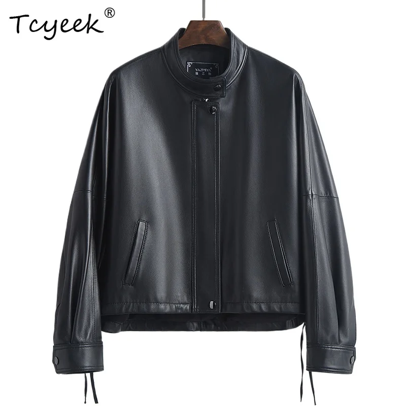 Tcyeek Genuine Leather Jacket Spring Autumn Stand Up Collar Shoulder Length Long Sleeved Short Black Jackets Chaqueta Cuero