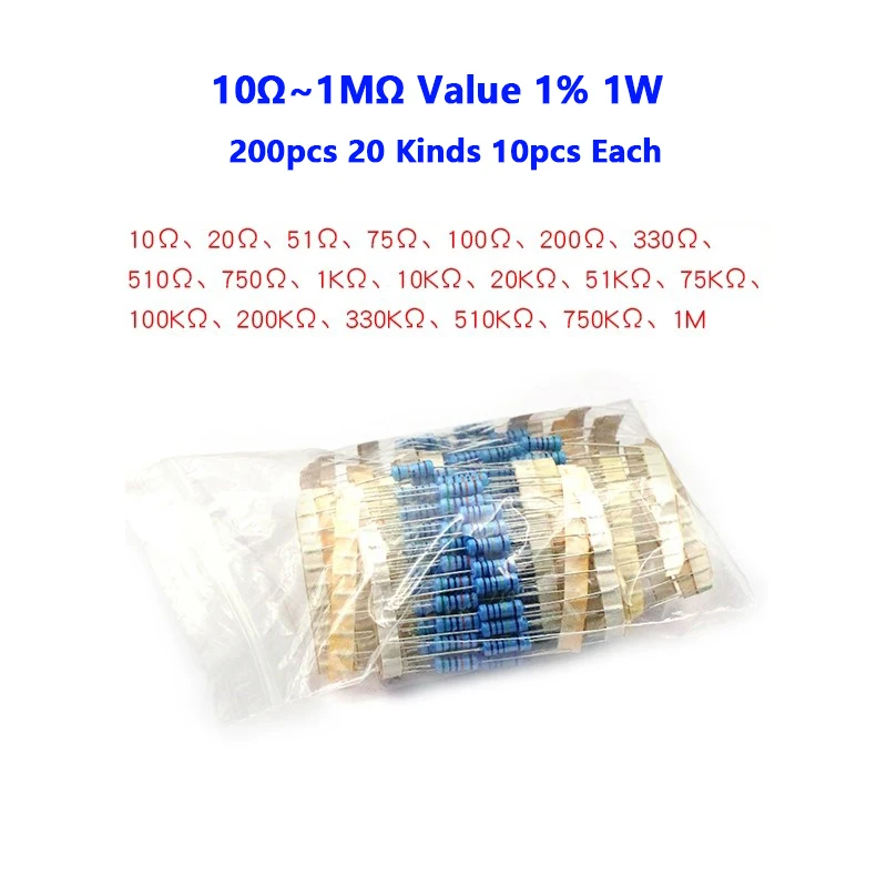 200pcs 20 Kinds 10Ω~1MΩ Value 1% 1W Metal Film Resistor Assorted Kit 10pcs Each Value with samples pack