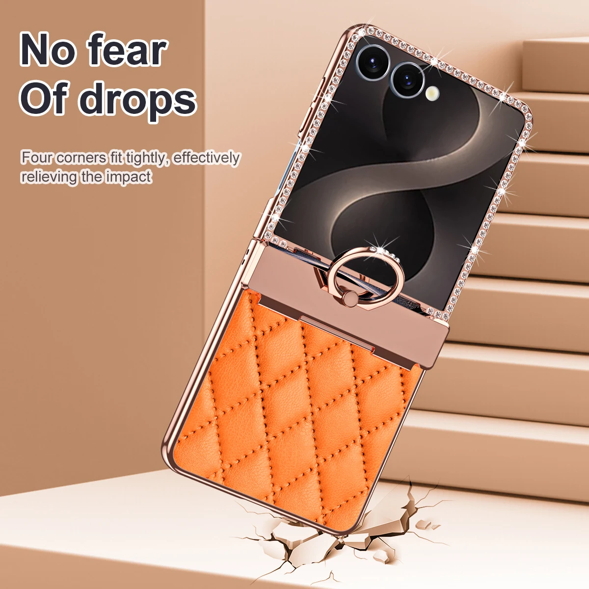 New Diamond Rhombus Leather Shell Film Integrated Case for Samsung Z Flip 8 7FE 6 5 4 3 Ring Holder Stand Shockproof Cover