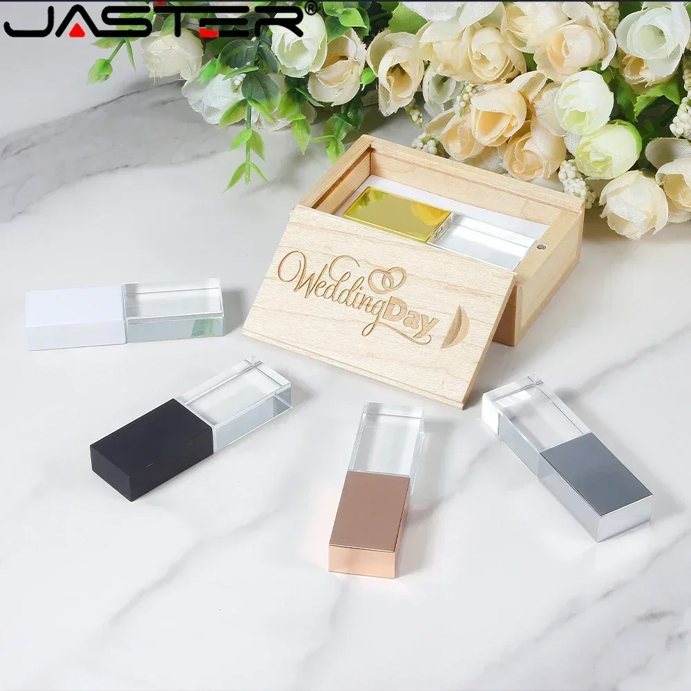 JASTER Crystal USB 2.0 Flash Drive with Wooden Box 128GB مفت کسٹم لوگو میموری اسٹک 64GB Creative Business Gift Pen Drive 8GB