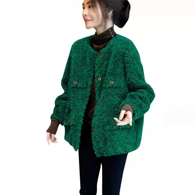 

Autumn Winter Short Woolen Coat 2025 New Lmitation Lamb Hair Women's Clothes Outeawer Green Fashion Round Collar Female Jacket