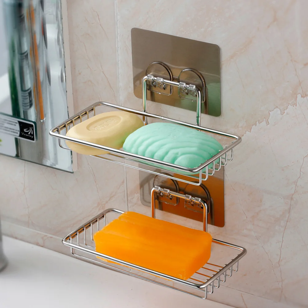 

Wall Mounted Holder Adhesive Stainless Steel Bath Rack Organizer Bathroom Kitchen Storage Drain Design Hollow Bottom