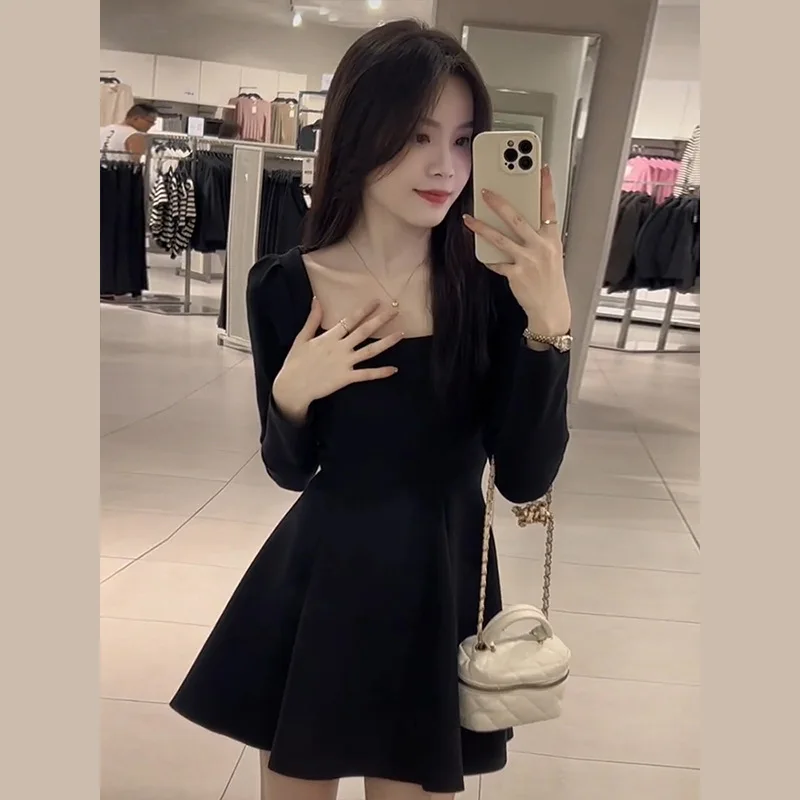 Black Square Collar Long Sleeve Dress Autumn Clothes Women2024New High-Grade Small Skirt