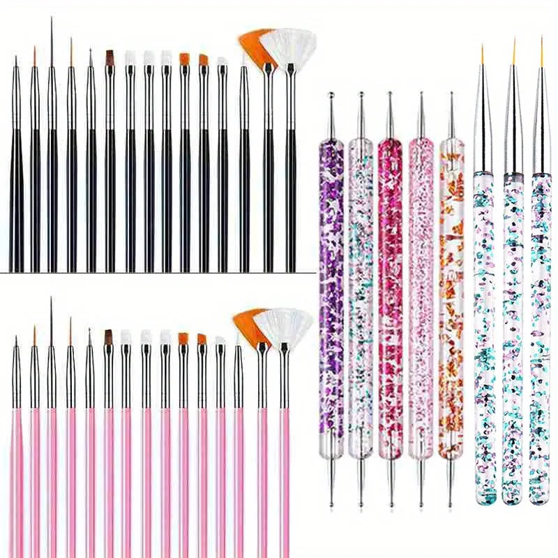 23Pcs/lot Nail Art Brush Design Tip Painting Drawing Carving Dotting Pen FlatFan Liner Acrylic Gel UV Polish Manicure Tools