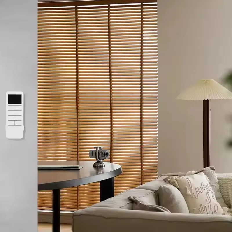 China Best Basswood Raw Safe Waterproof Material Remote Or Tuya App Control Motorized Faux Wooden Venetian Blinds For Windows