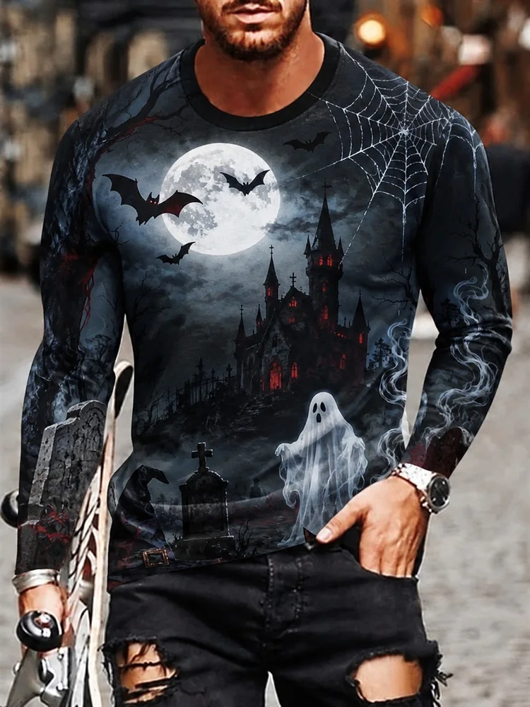 Men's Halloween Haunted House Long Sleeve T-Shirt Full Moon Bat Pumpkin Spooky Graphic Tee Pullover Tops Gift New Hot