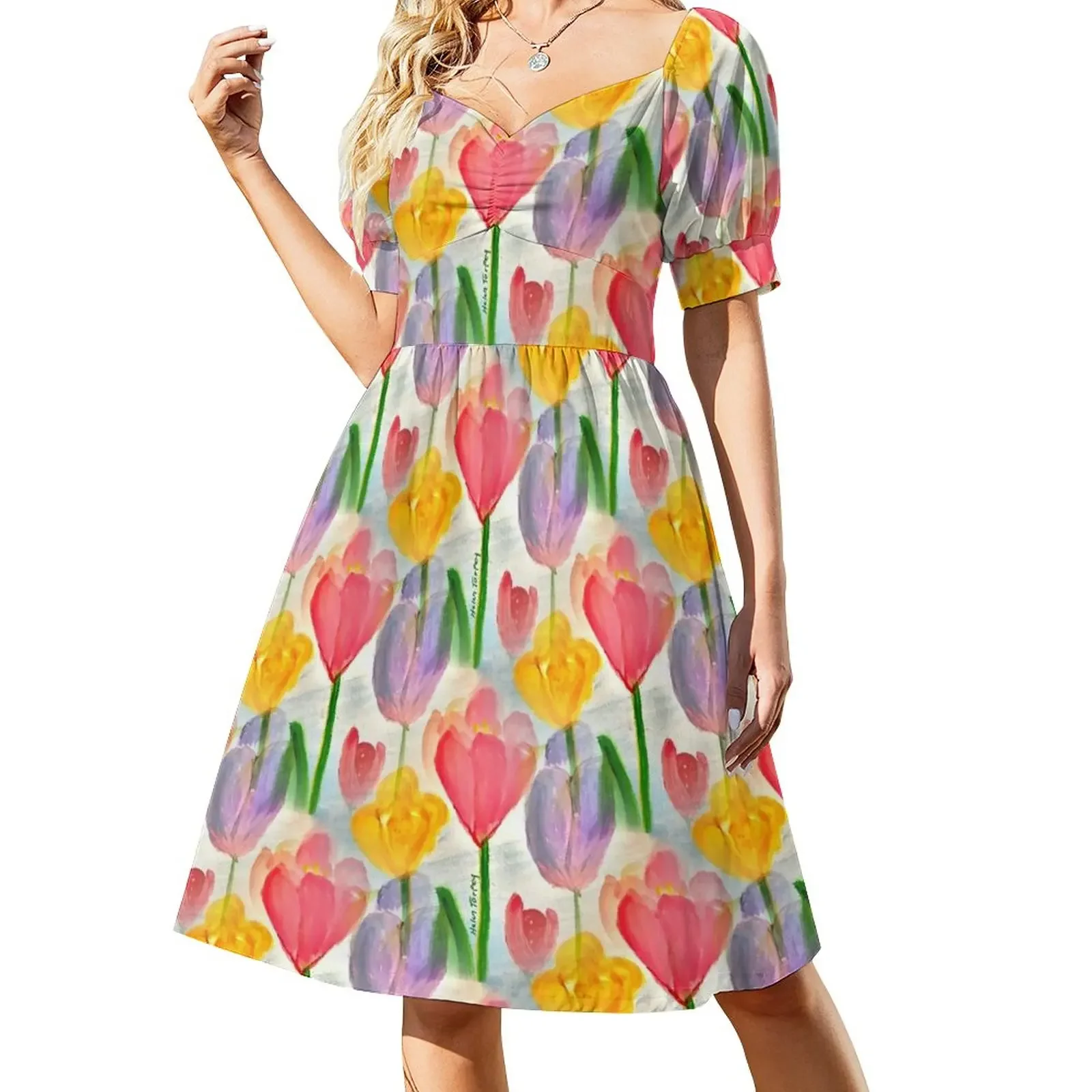 

Tulips Pattern Short-Sleeved Dress Women's dresses Party dresses evening dress ladies