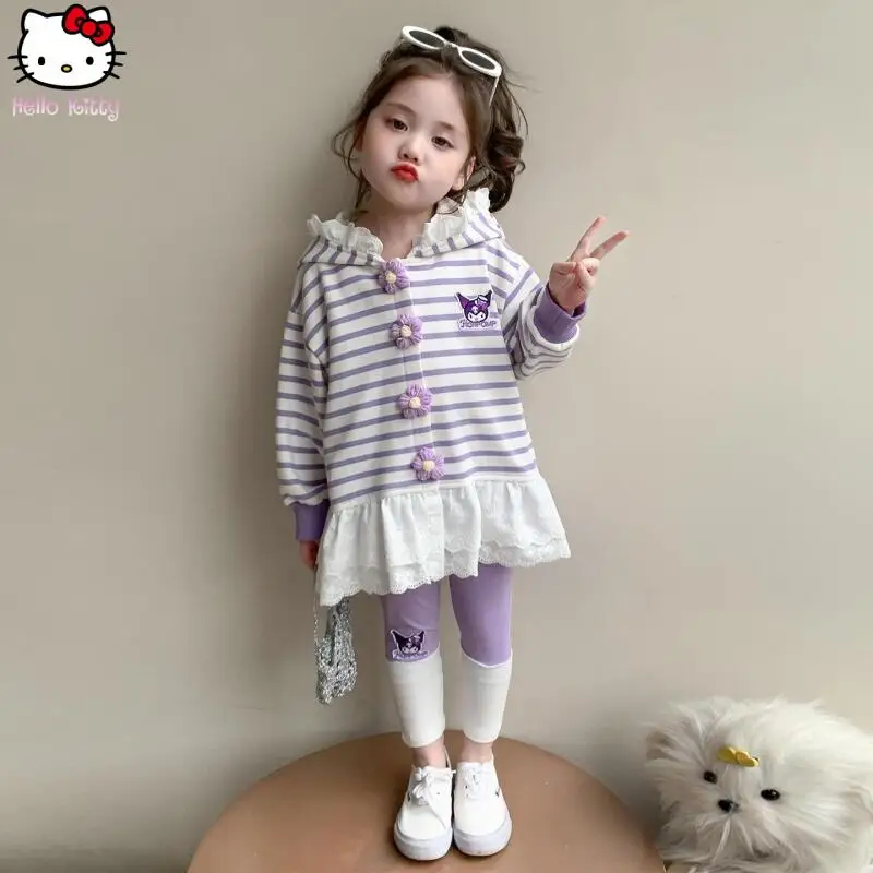 

Sanrio мультфильм девушка Куроми полосатая кружевная куртка с капюшоном комплект брюк аниме Kawaii весна осень новый стиль одежда леггинсы с длинными рукавами