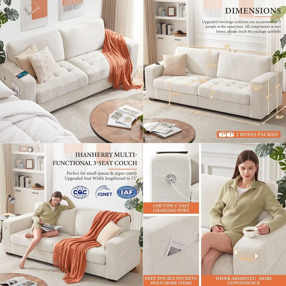 

92 Modern Sofa for Living Room, Deep Seat Chenille Couch with Fast Charging Port amp Removable Washable Cushions, PillowArmrest