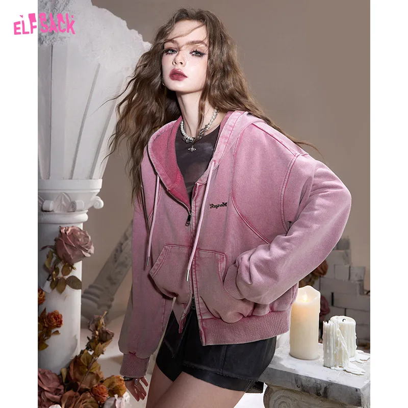 2024 Autumn ELFSACK New Arrivals American retro pink short petite loose hooded sweater jacket for women