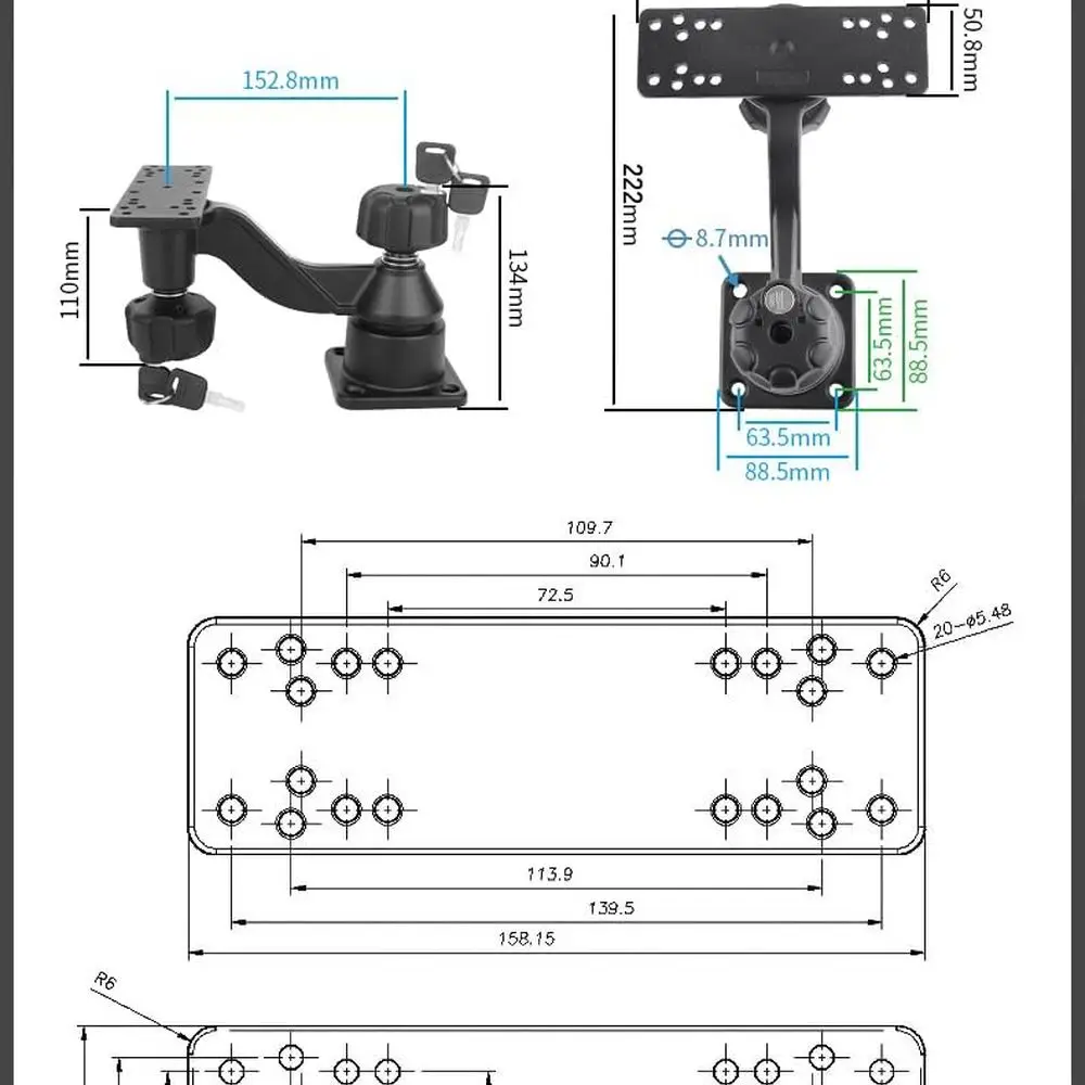Kayak Fish Finder Mount with Lock, Aluminum Fish Finder Swing Mount with Rectangular Plate Boat Marine Electronics Mounts Compat