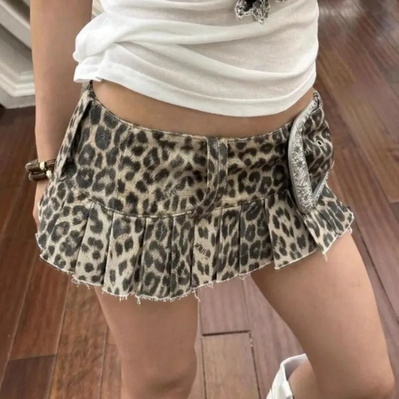 Minifalda vaquera con estampado de leopardo y diseño de calle alta Y2k Spice Girl Falda plisada de cintura baja para mujer