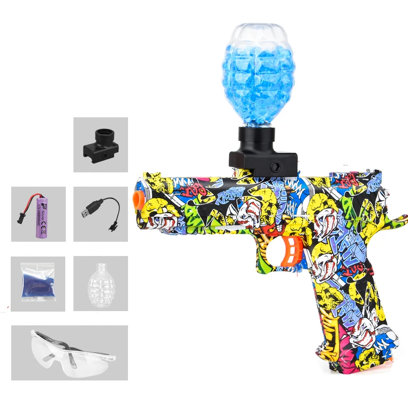 클래식 권총 전기 버스트 젤 총알, 다양한 멀티 컬러 옵션 야외 장난감 총, 새해 선물, 명절 선물, 배터리 충전 케이블 포함