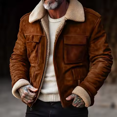 Autumn Winter Men Coat New Vintage Contrast Color Long Sleeve Male Plush Jacket Turn Down Collar Pocket Outdoor Man Outerwear