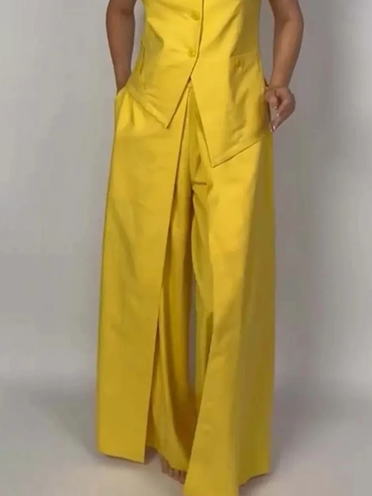 

UOOZEE Urban Female Commuter Split-Joint Wide Leg Pants 2025 New Solid Color High Waist Casual Yellow Trousers Bottoms For Woman
