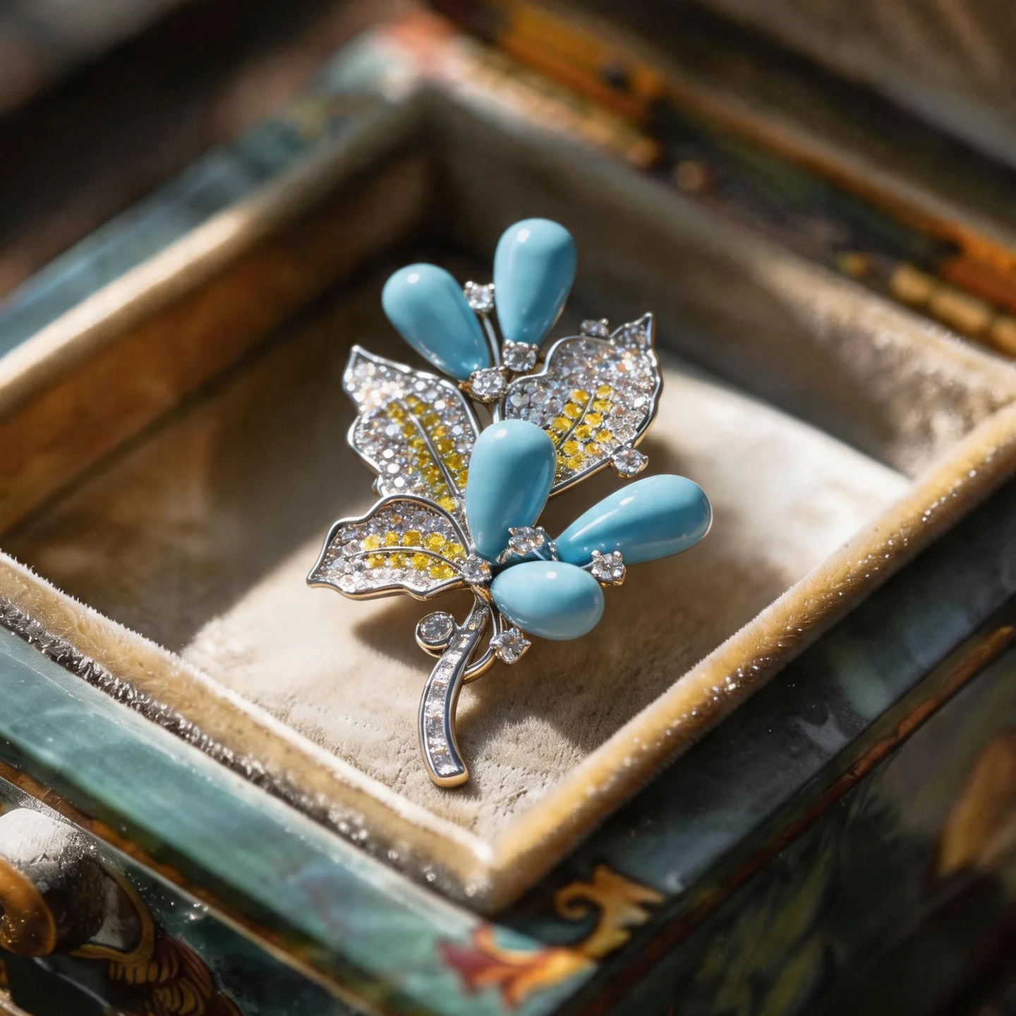 Heavy Industry Vintage  Zirconia Turquoise Bouquet Flower Brooches for Women Luxury Design Coat Suit Accessories Pins