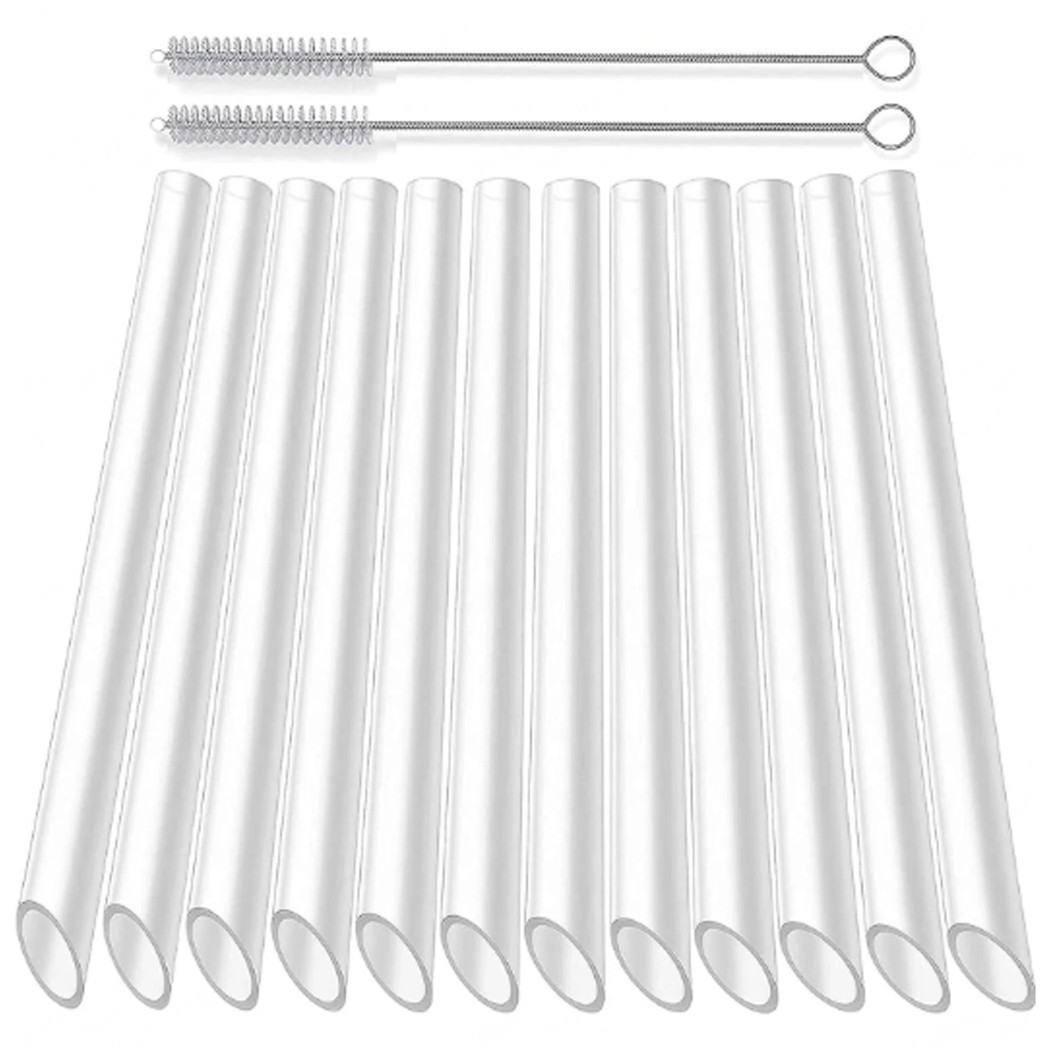 12 Reusable Clear Boba Straws, 13 mm x 10.5 in, Jumbo Hard Plastic Smoothie Straws for Bubble Tea, Popping Pearls with 2 Brush