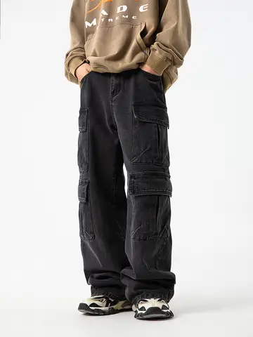 Men's new multi pocket workwear design jeans retro washed Japanese and Korean casual pants loose pants soft and cool