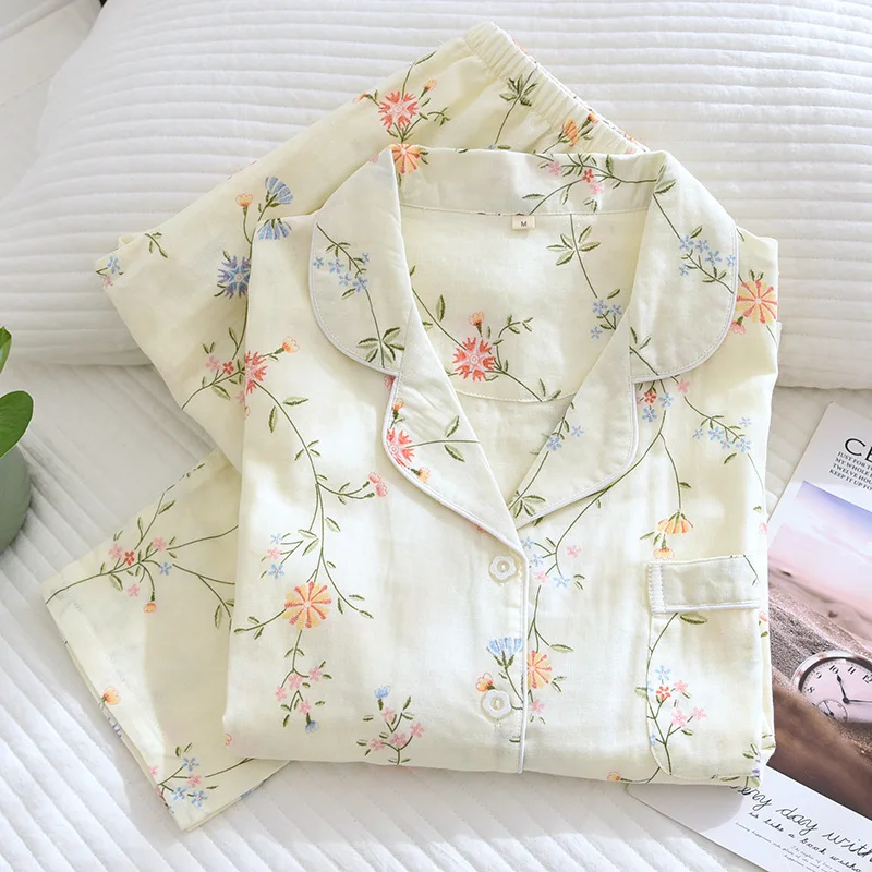 Spring/Summer 100% Cotton Gauze Women Homewear Casual Floral Printed Turn-down Collar Nightwear Long Sleeve Casual Pajama Suit