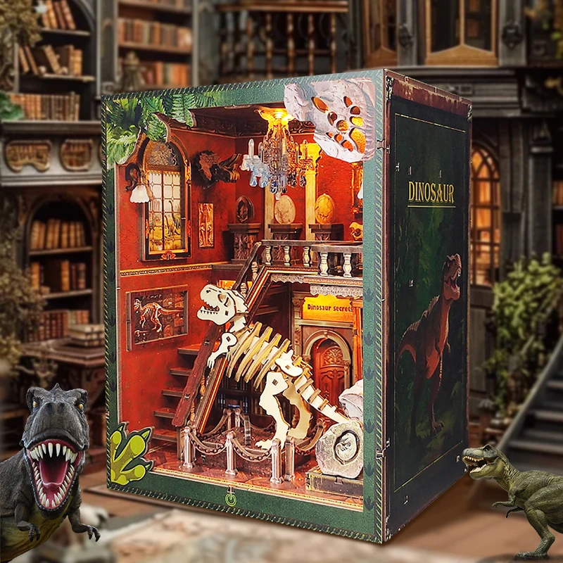 Coin de livre à monter soi-même, Kits de modèles miniatures en bois, musée des dinosaures, serre-livres Casa, Puzzle 3D avec bibliothèque légère, cadeaux d'anniversaire pour amis