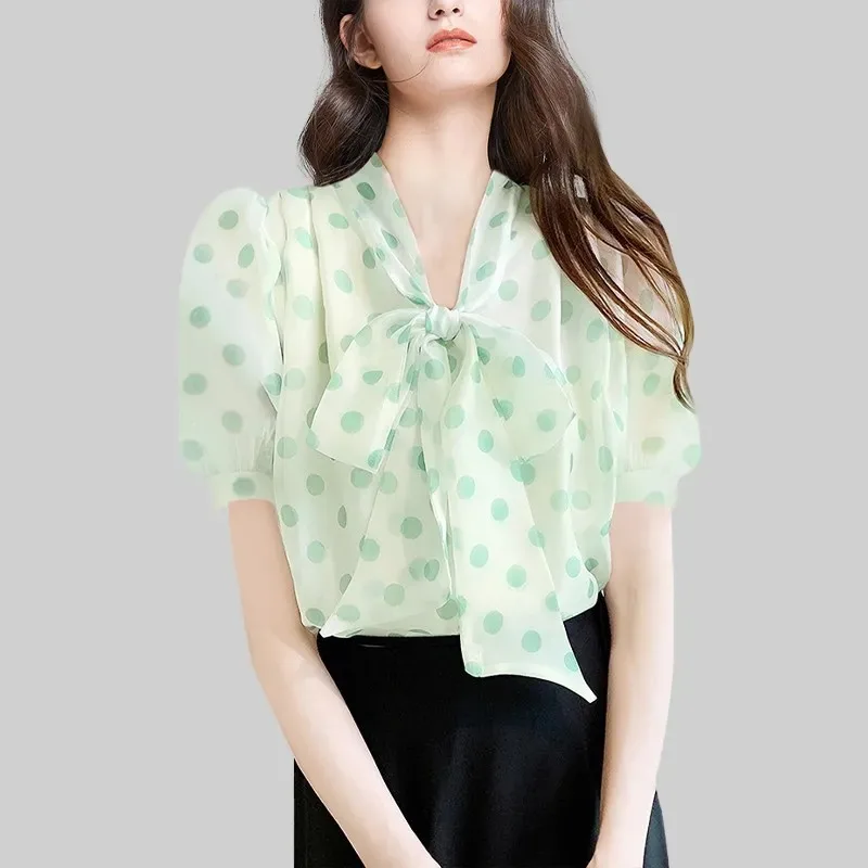 

Women's French Style Polka Dot Bow Blouse Puff Sleeve V-Neck Elegant Chiffon Top