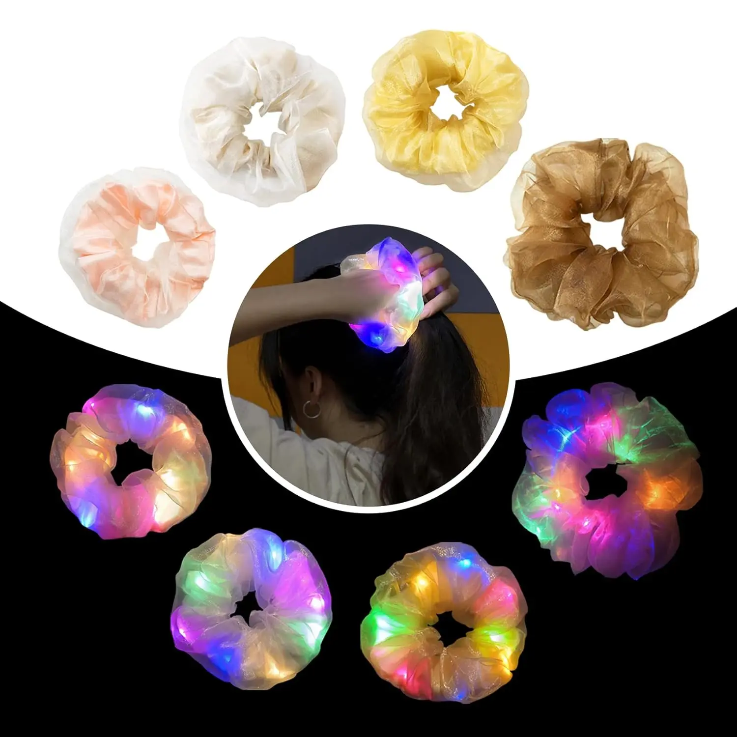 1pcs LED Light Up Scrunchies Double-layer LED Scrunchy Hair Ties Glow in The Dark Party Supplies Women Girls Neon Party Gifts