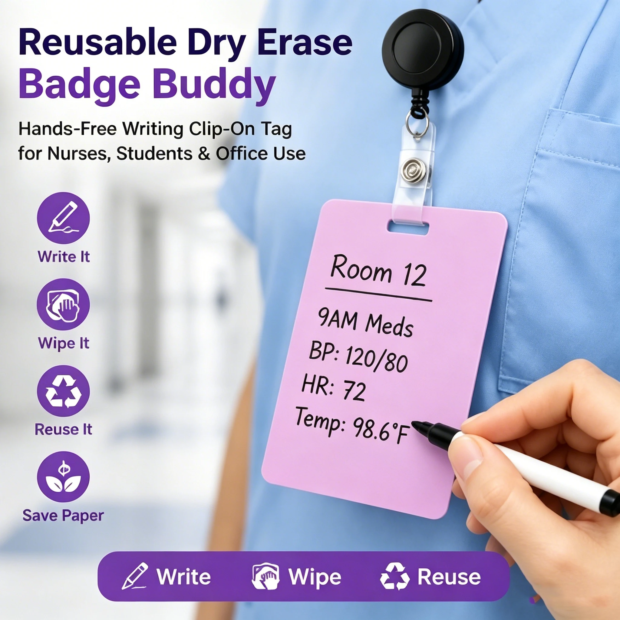 Erasable Badge Sticky Notes Reusable Wipe Clean Memo Badge Self Adhesive Removable Label Notebook for School Office Home Hands-F