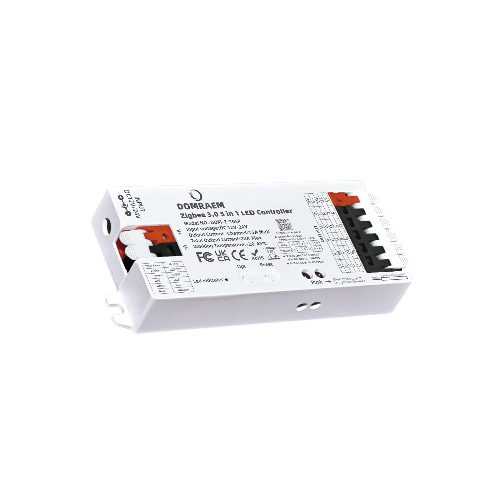 DOMRAEM Zigbee3.0 5-in-1 LED-Streifen-Controller RGBCCT RGBW RGB CCT Dimmer PWM Kompatibel mit Hu*e Tuya Smart Life Alexa Sprach- & App-Steuerung DC12V-24V Weitspannungsbereich Einfarbige LED-Streifen