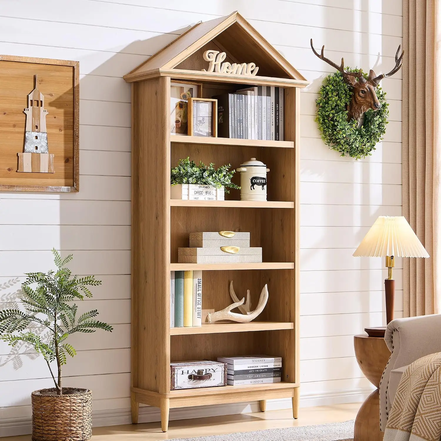 Natural 75.9 Inch Tall Farmhouse Bookshelf 5 Tiers Angle Arched Wooden Geometric Adjustable Shelves Open Display Storage Living