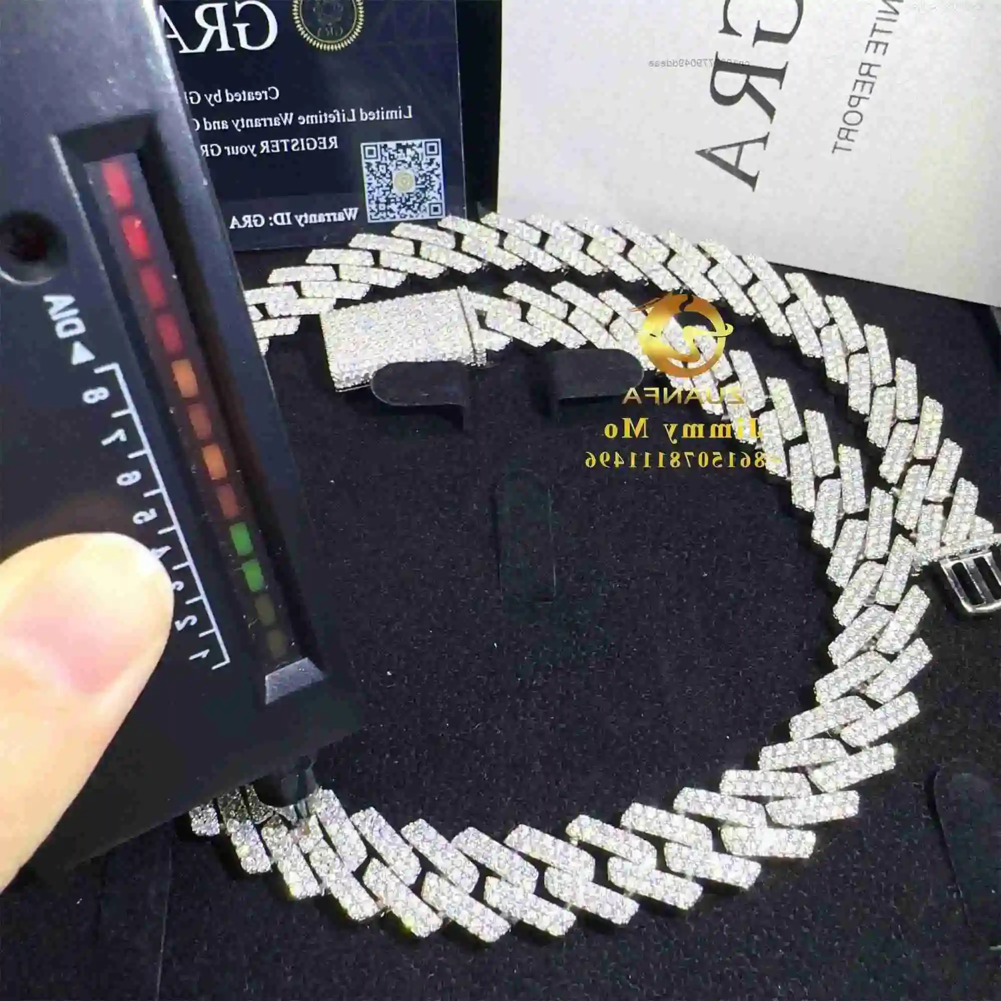 

Hot Selling Bulk Stock Pass Diamond Tester 925 Solid Silver 15mm Two Rows Iced Out Hip Hop VVS1 Moissanite Cuban Link Chain