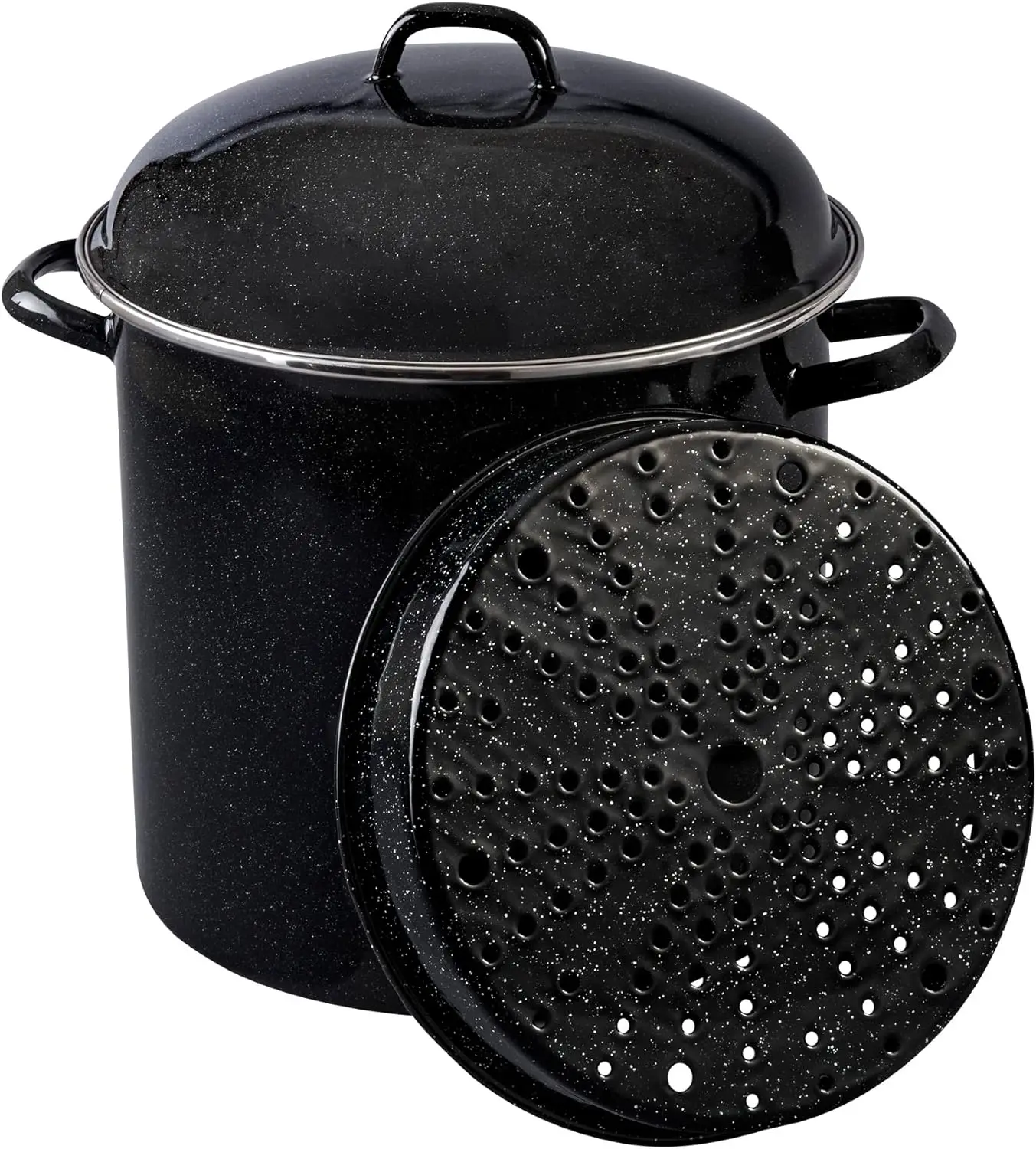 

15 Qt Heavy Gauge Seafood, Tamale, Steamer Pot with Lid and Trivet. (Speckled Black) Enamelware. Stainless Steel. Suitable for C