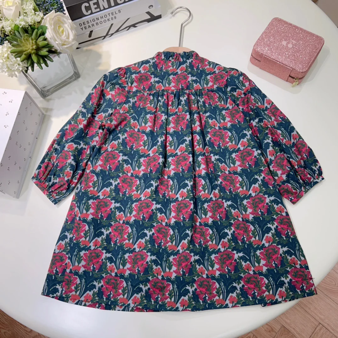 DY63108 2023 Autumn Winter New Girls' Style Polo Collar Flower Print Doll Shirt Long Sleeve Dress